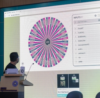 A person stands in front of a large screen displaying a colorful digital wheel with names. The screen shows a web interface with options for inputs, featuring a list of names with checkboxes on one side and a large, vibrant spinning wheel on the other. The environment appears to be indoors, possibly in a conference or presentation setting with a podium.
